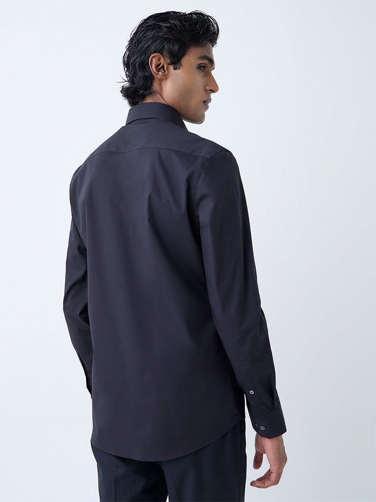 Westside WES Formals Men's Black Solid Ultra-Slim Fit Cotton-Blend Shirt for Work Wear Back View