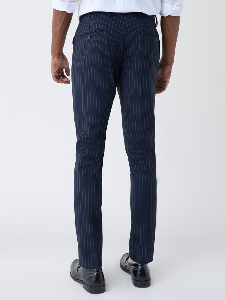 WES Formals Navy Pinstriped Slim-Fit Mid-Rise Trousers