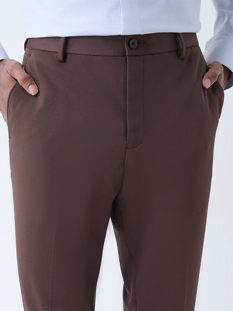 WES Formals Dark Brown Slim-Fit Mid-Rise Trousers