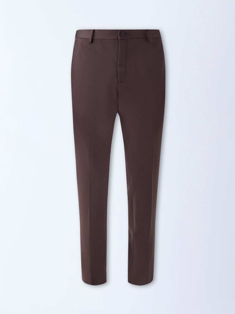 WES Formals Dark Brown Slim-Fit Mid-Rise Trousers