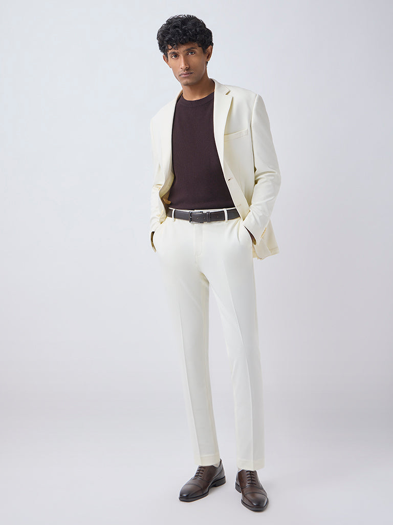 WES Formals Off-White Slim-Tapered Fit Mid-Rise Trousers