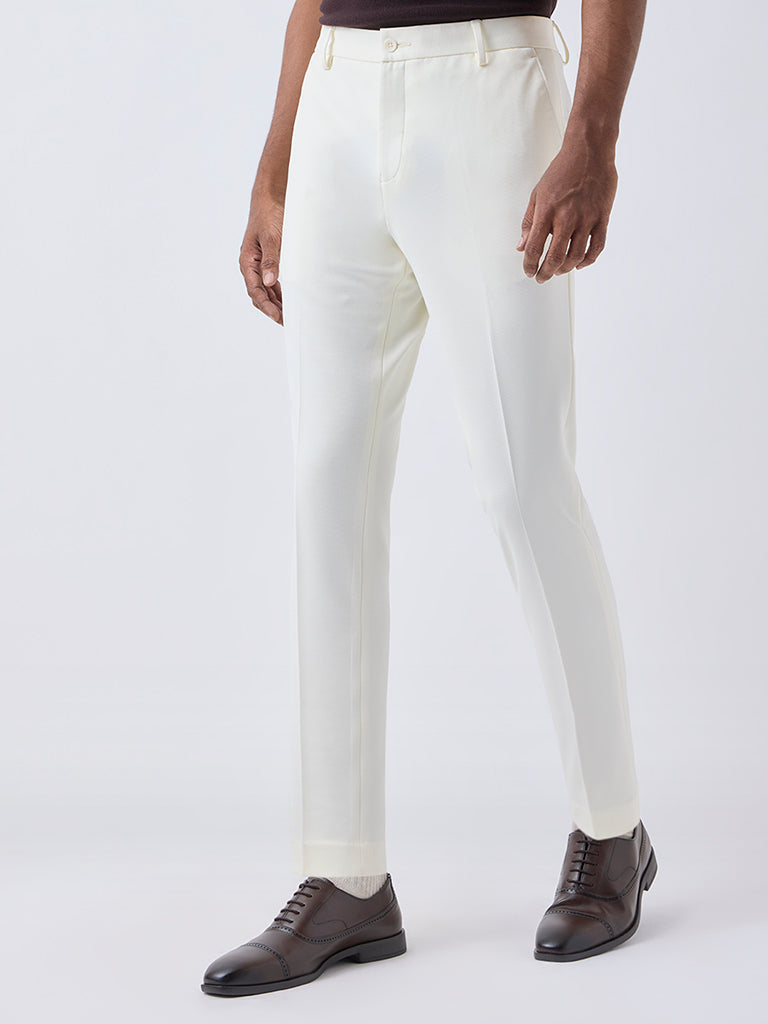 WES Formals Off-White Slim-Tapered Fit Mid-Rise Trousers