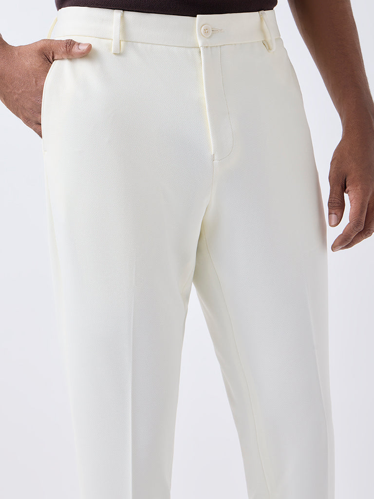 WES Formals Off-White Slim-Tapered Fit Mid-Rise Trousers