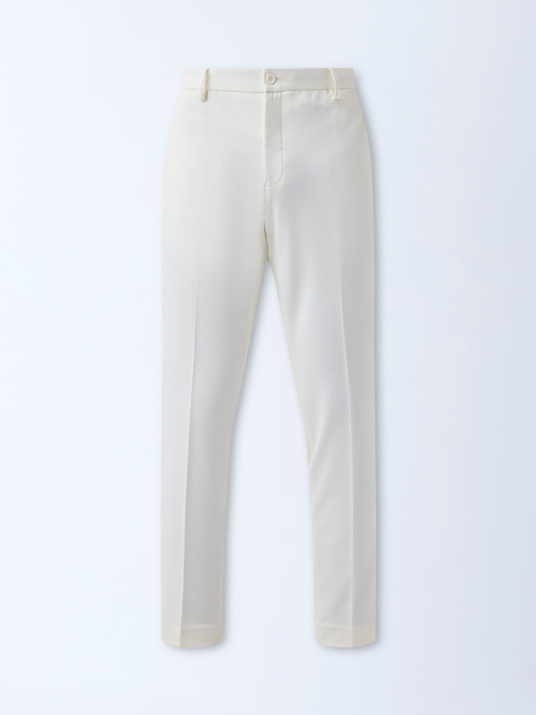 WES Formals Off-White Slim-Tapered Fit Mid-Rise Trousers