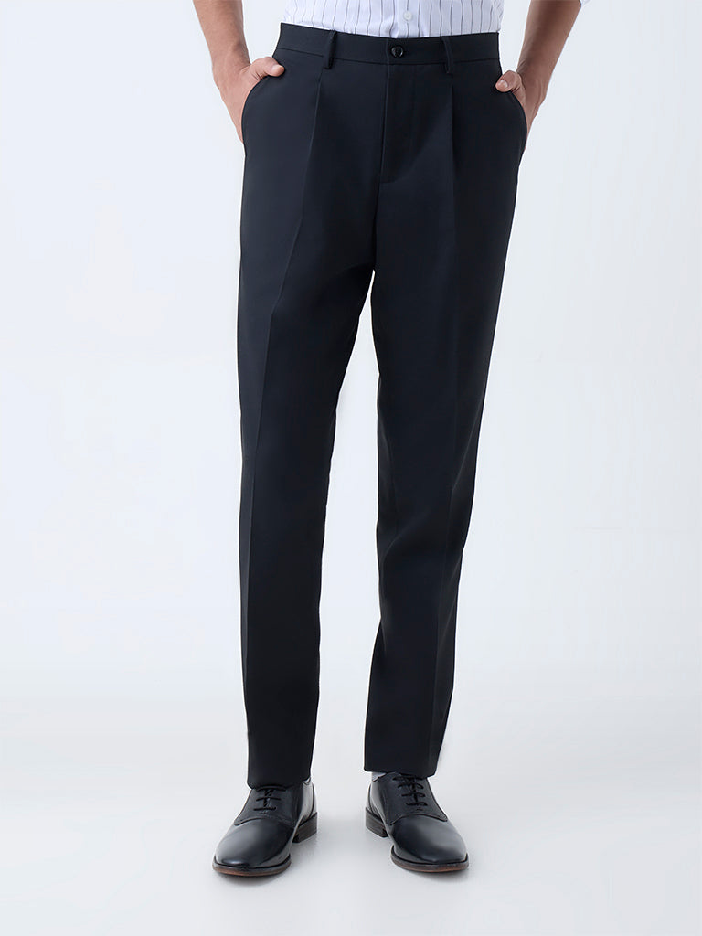 Westside WES Formals Men's Black Solid Relaxed-Fit Mid-Rise Trousers for Work Wear Front View