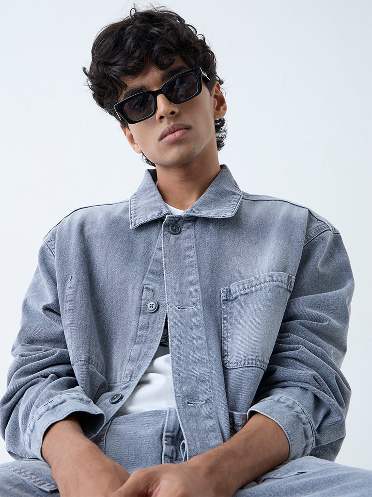 Westside Nuon Men's Grey Washed Relaxed-Fit Denim Jacket for Casual Wear Zoomed View