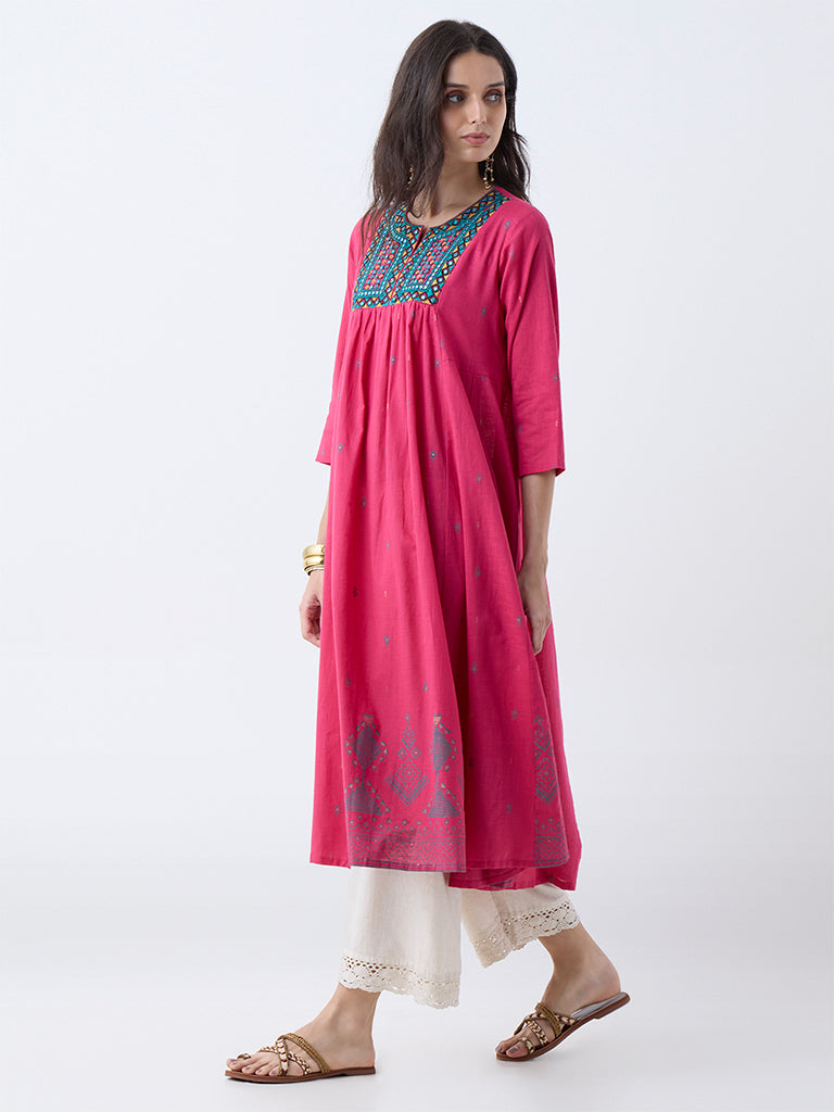 Utsa Fuchsia Embroidered Anarkali Cotton Kurta