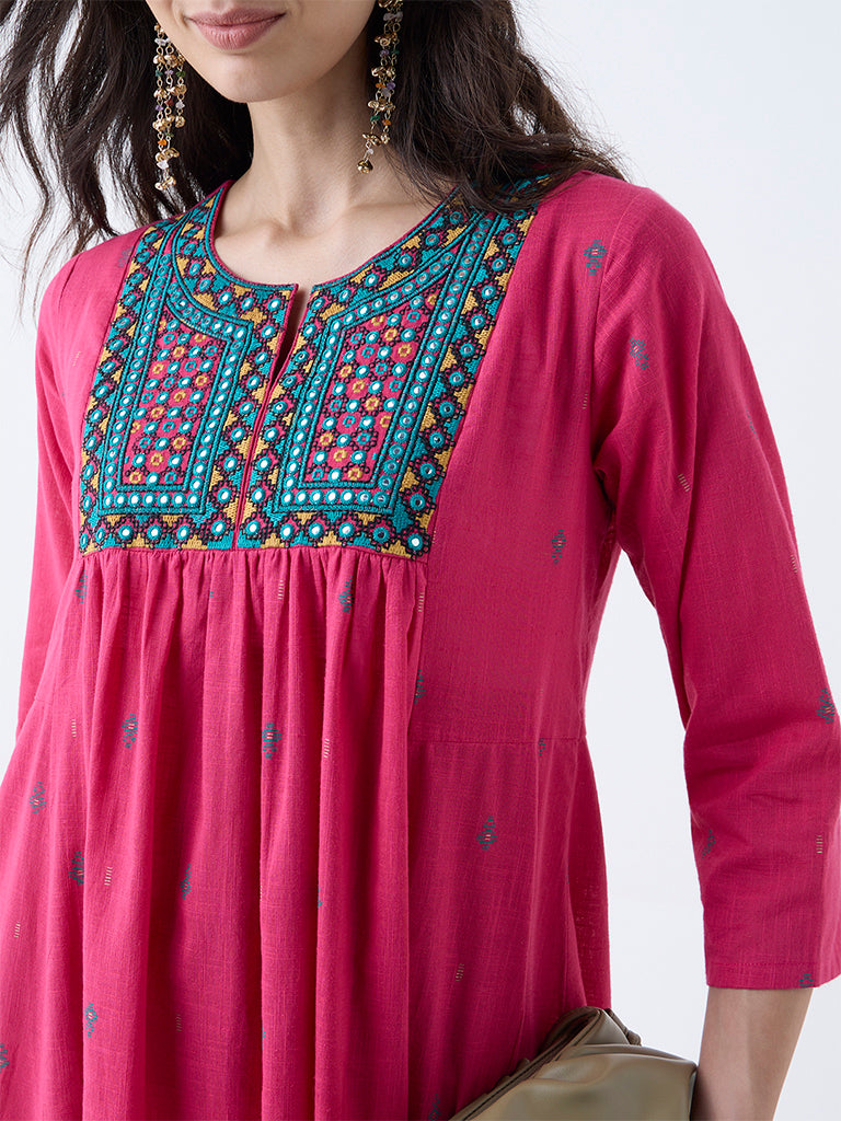 Utsa Fuchsia Embroidered Anarkali Cotton Kurta