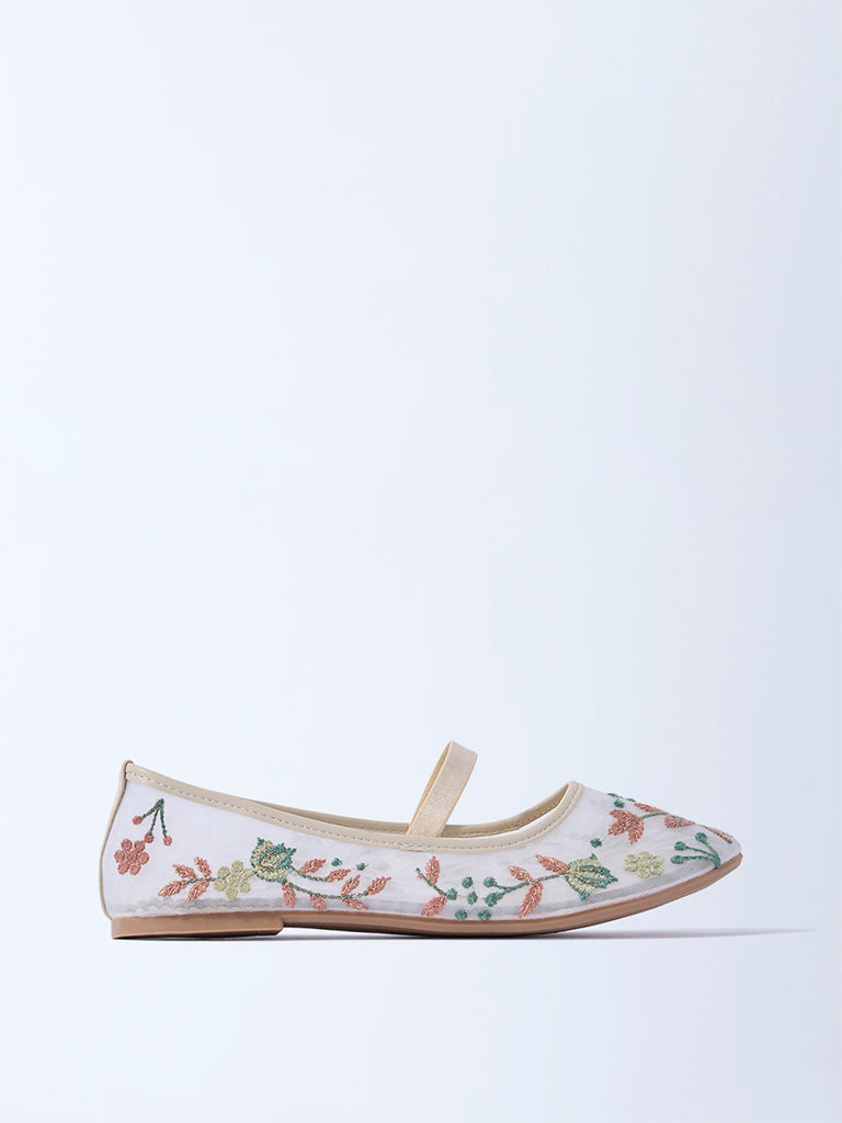 Westside Yellow Girls Ivory Floral Embroidered Mesh Ballerina for Festival Wear Side View