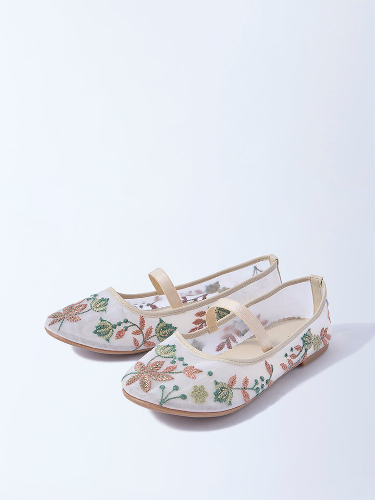 Westside Yellow Girls Ivory Floral Embroidered Mesh Ballerina for Festival Wear Full View