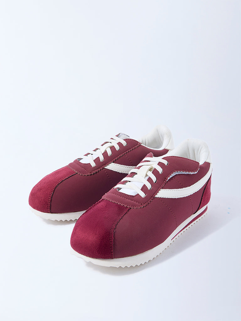 Yellow Maroon Suede Lace-Up Sneakers