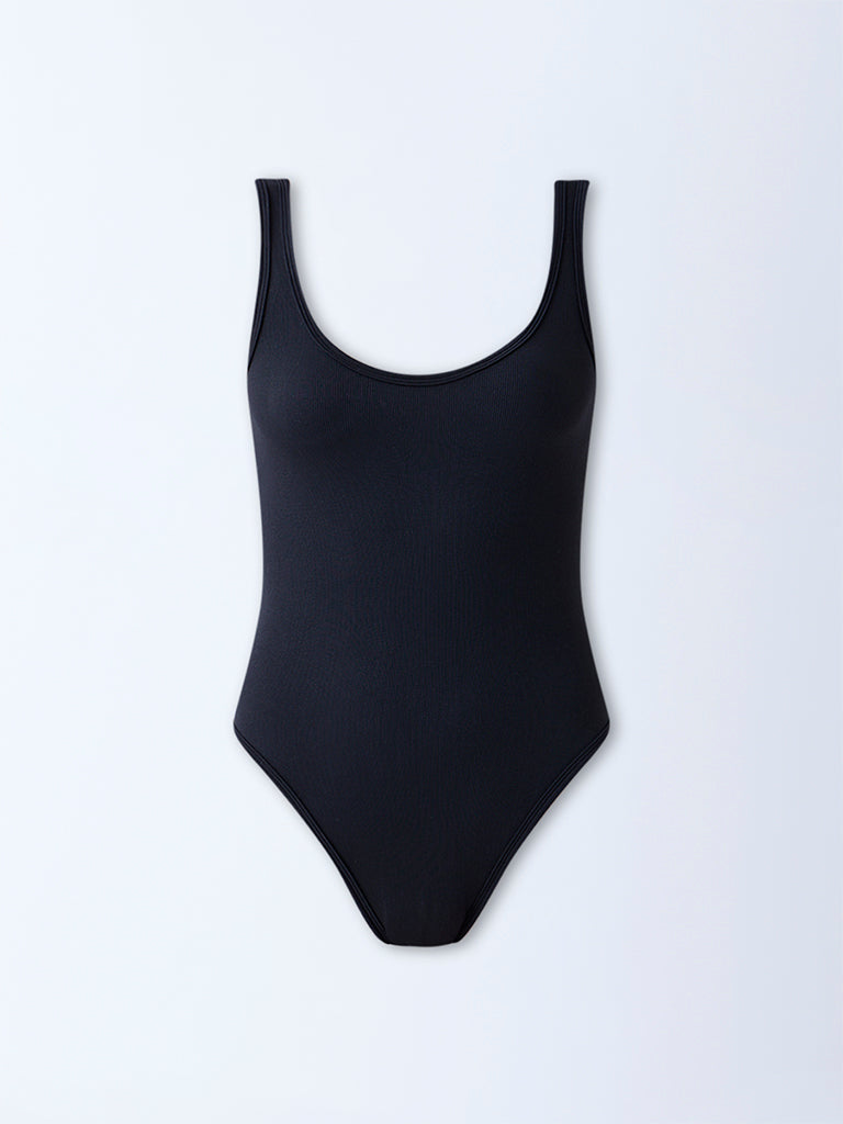 Wunderlove Black Ribbed-Textured Seam-Free Bodysuit