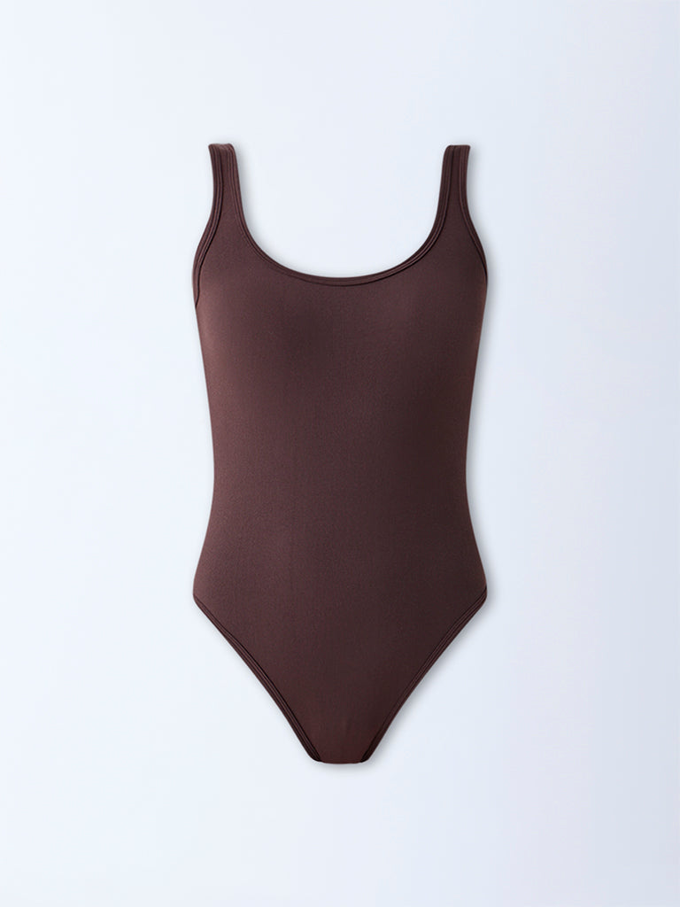 Wunderlove Brown Ribbed Seam-Free Bodysuit