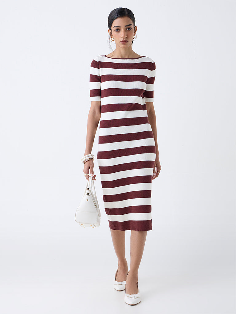 Wardrobe Brown Striped Ribbed Bodycon Dress