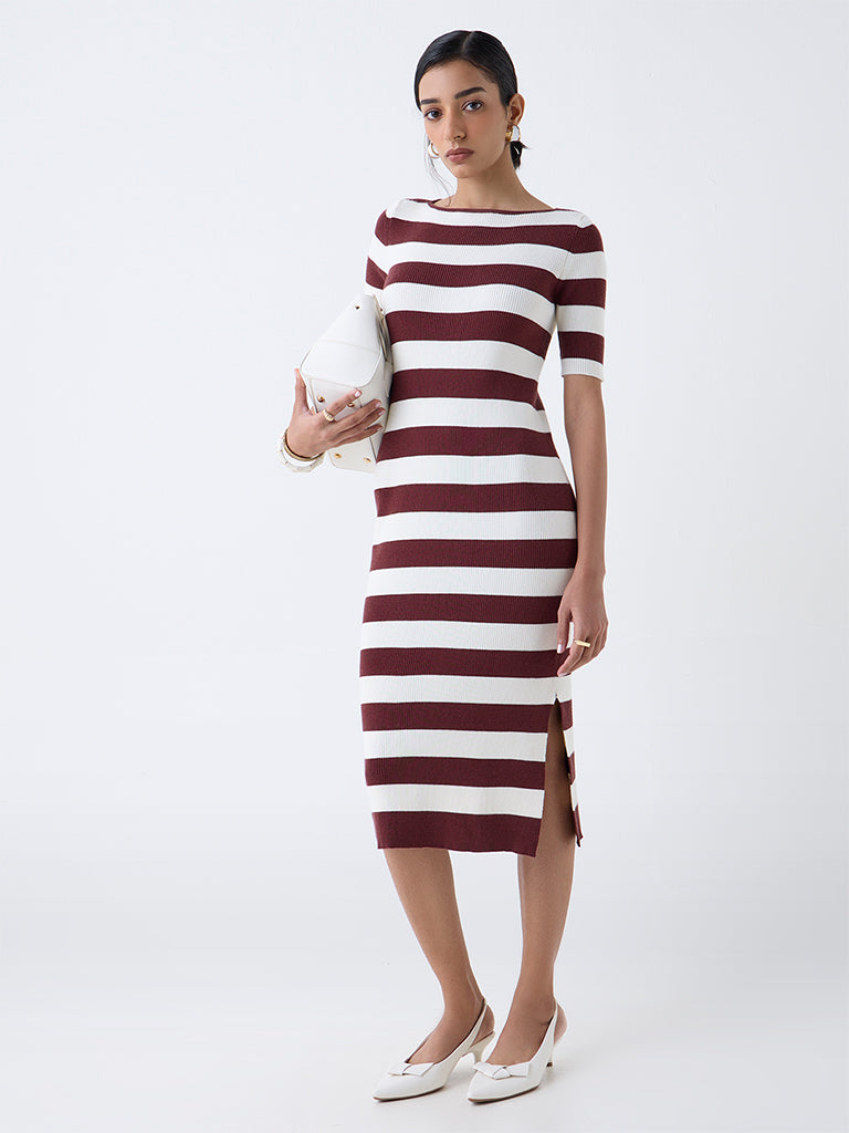 Wardrobe Brown Striped Ribbed Bodycon Dress