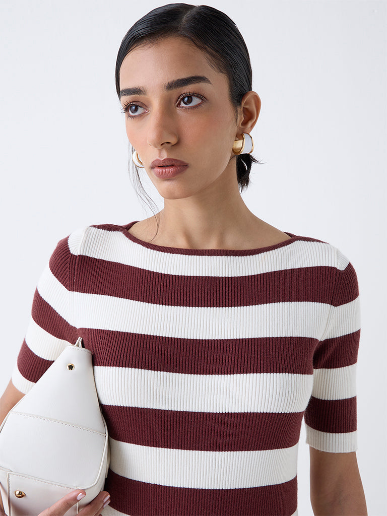 Wardrobe Brown Striped Ribbed Bodycon Dress