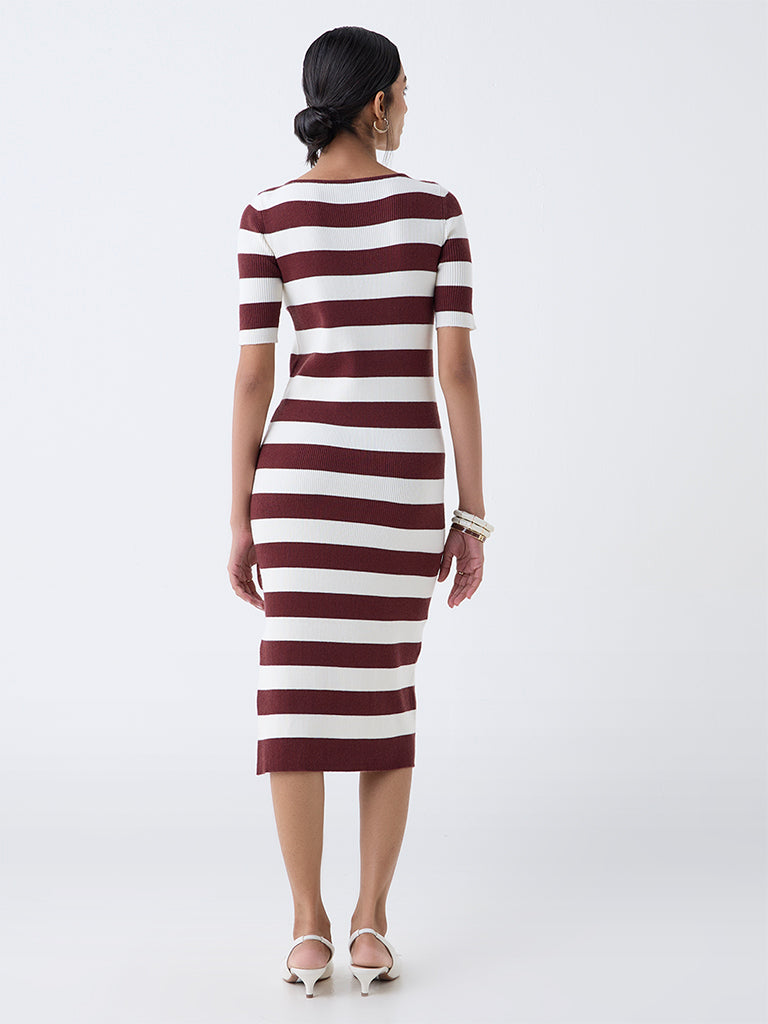 Wardrobe Brown Striped Ribbed Bodycon Dress
