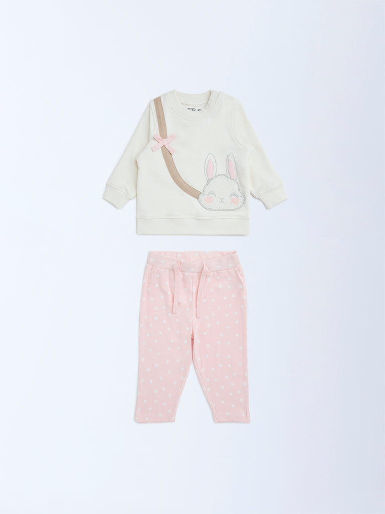 HOP Baby Off-White Bunny Design Cotton-Blend Sweatshirt and Pants Set