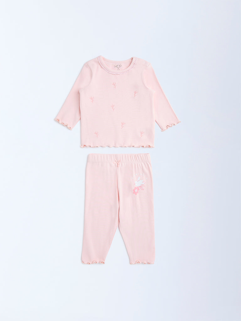 HOP Baby Pink Embroidered Cotton-Blend T-Shirt and Pants Set