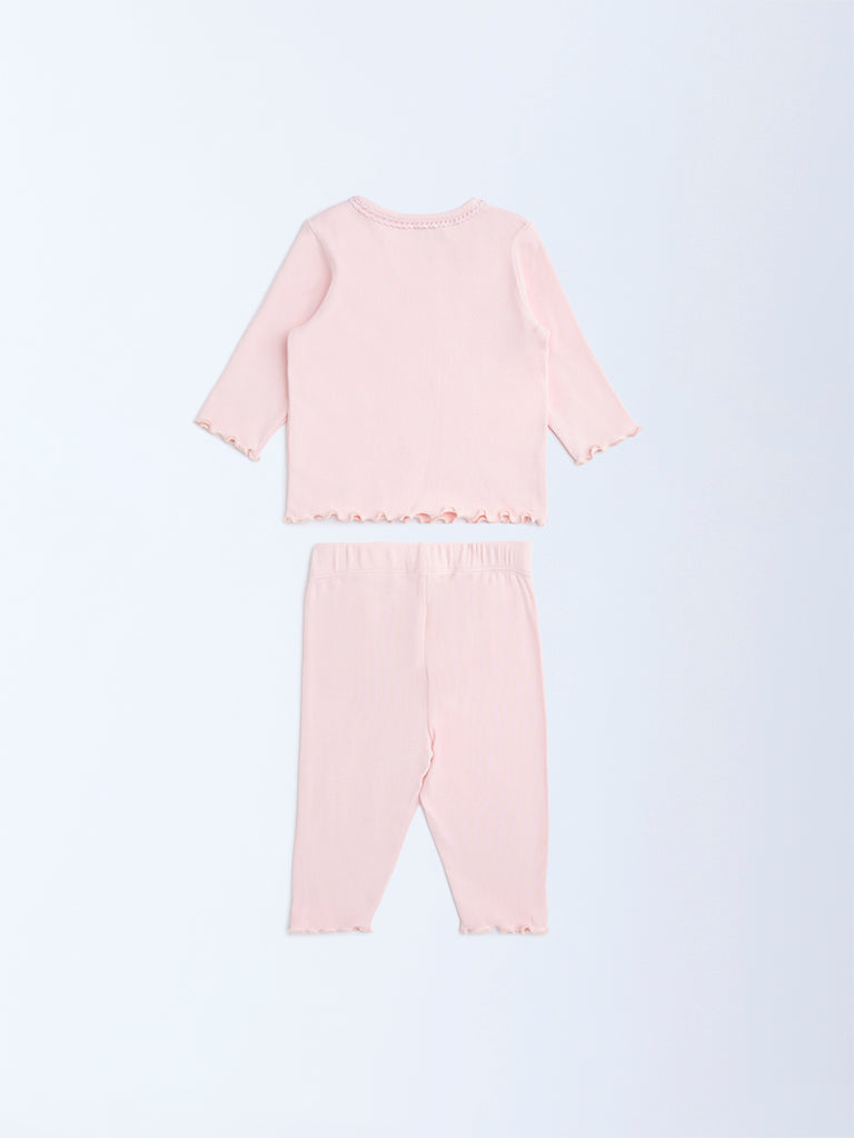 HOP Baby Pink Embroidered Cotton-Blend T-Shirt and Pants Set