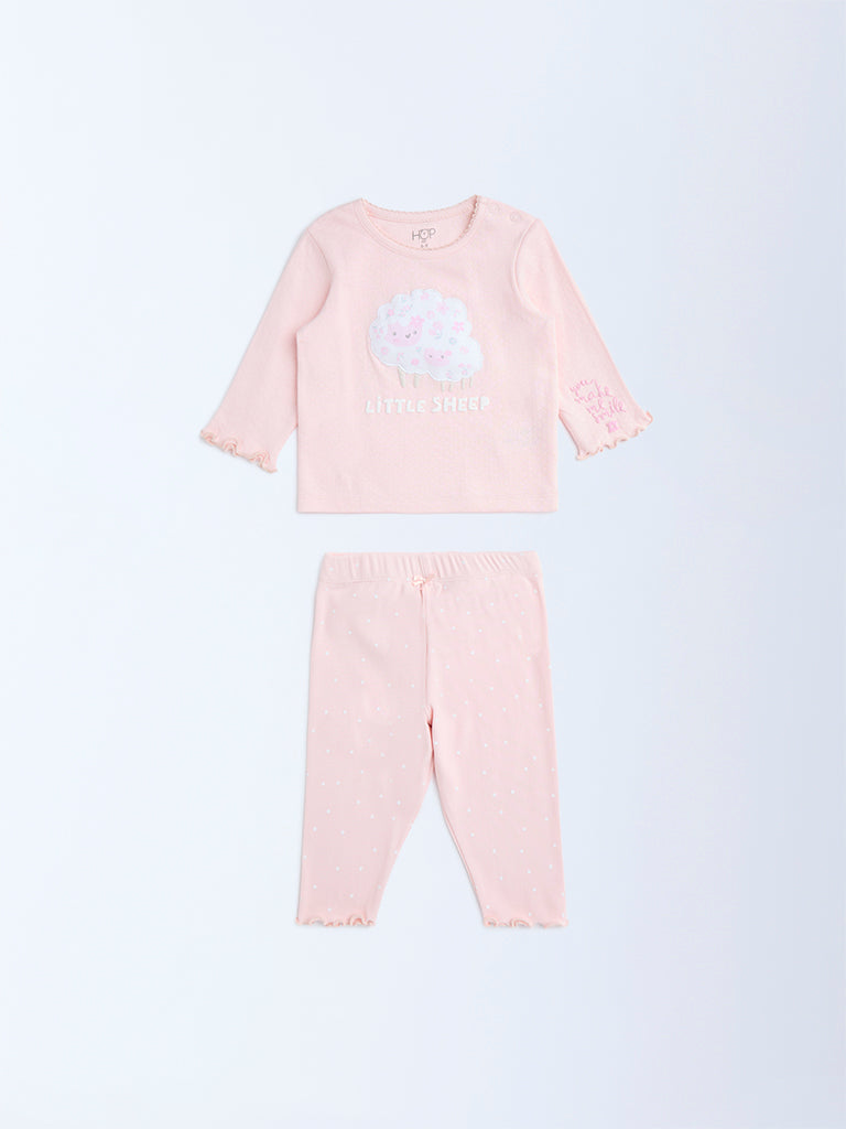 HOP Baby Pink Animal Printed Cotton T-Shirt and Pants Set