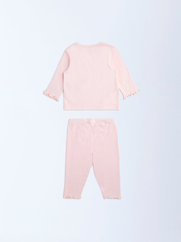 HOP Baby Pink Animal Printed Cotton T-Shirt and Pants Set