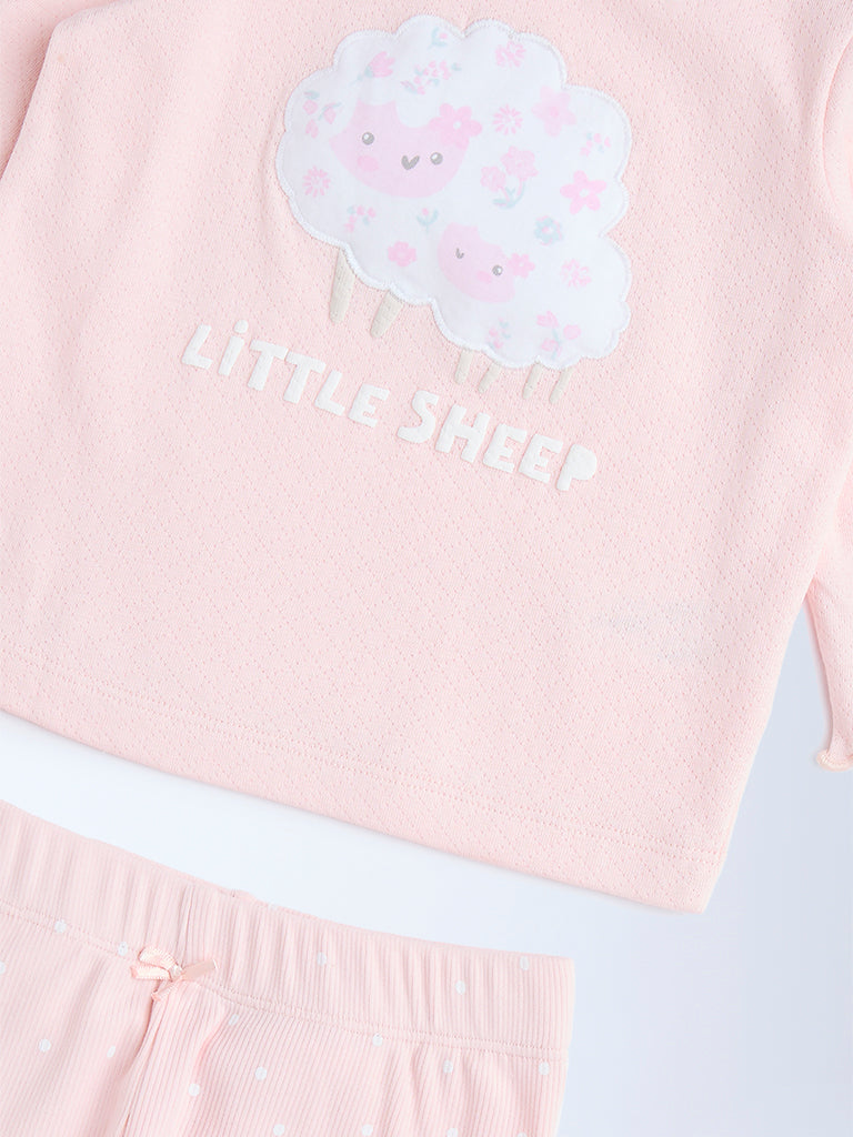 HOP Baby Pink Animal Printed Cotton T-Shirt and Pants Set
