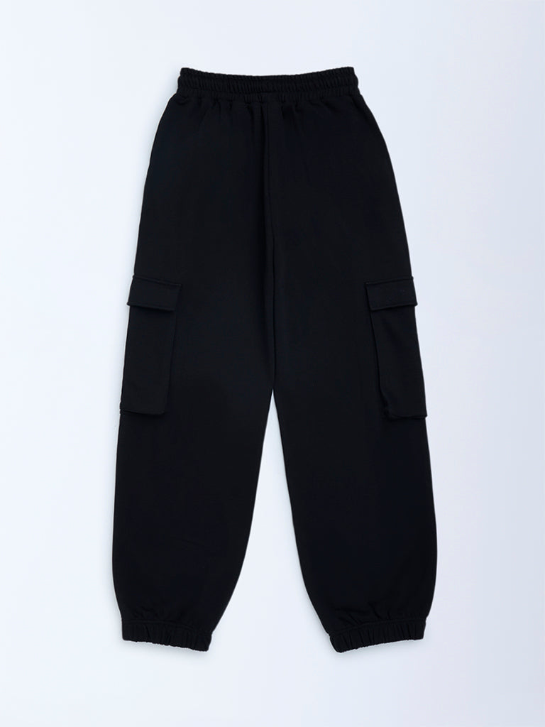 Y&F Kids Black Solid Mid-Rise Cotton-Blend Joggers