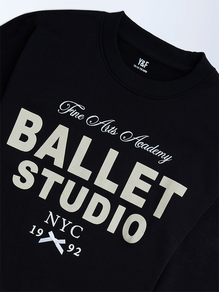 Y&F Kids Black Text-Printed Cotton Sweatshirt