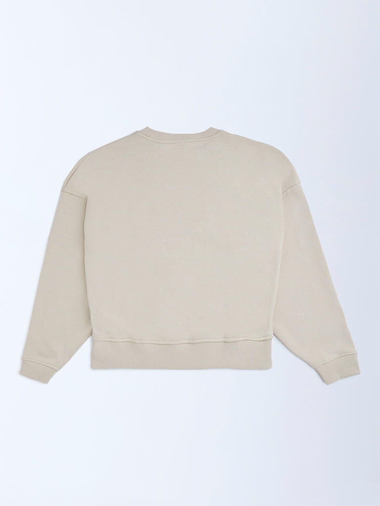 Y&F Kids Beige Text-Printed Cotton Sweatshirt