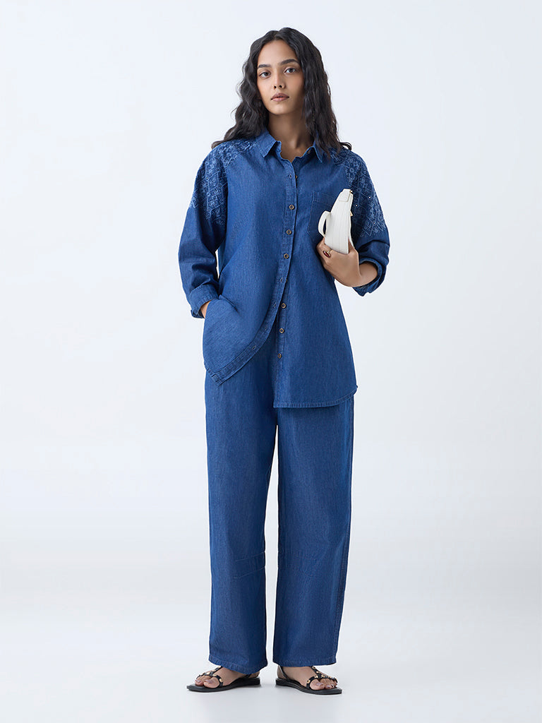 Utsa Dark Blue Embroidered Denim Tunic