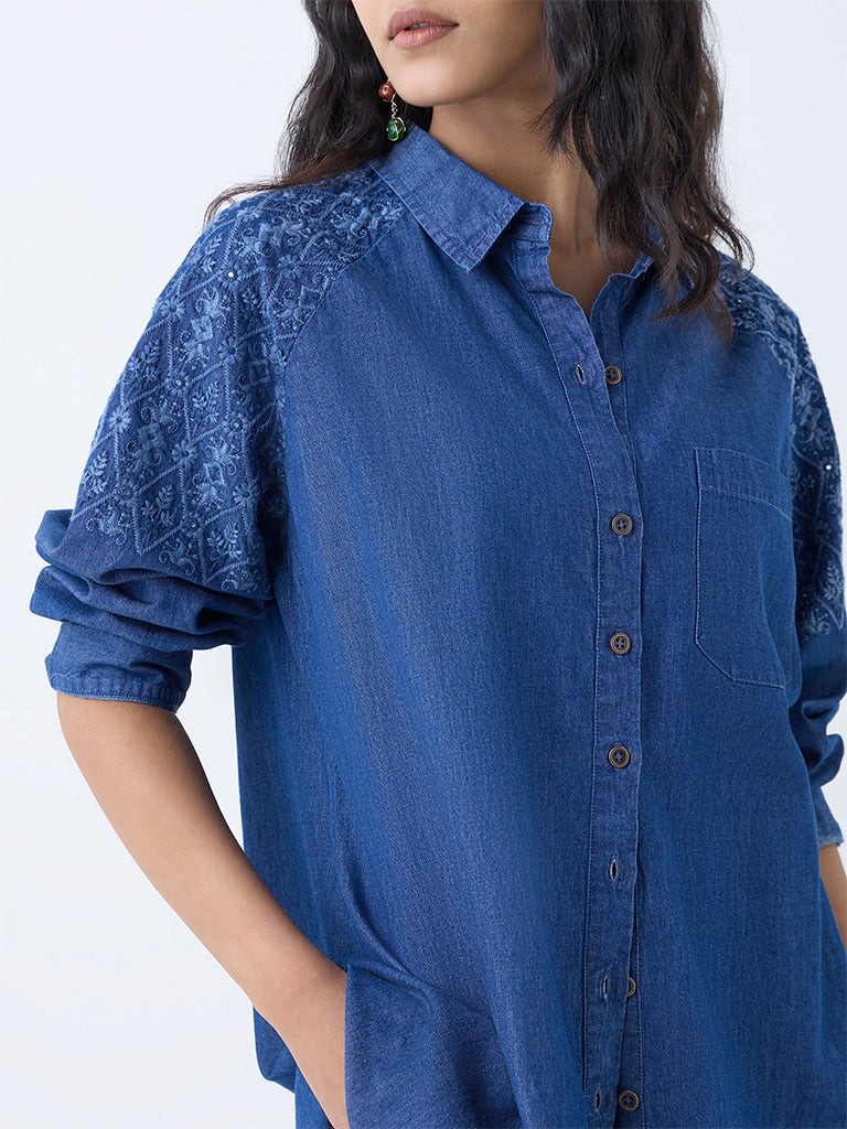Utsa Dark Blue Embroidered Denim Tunic
