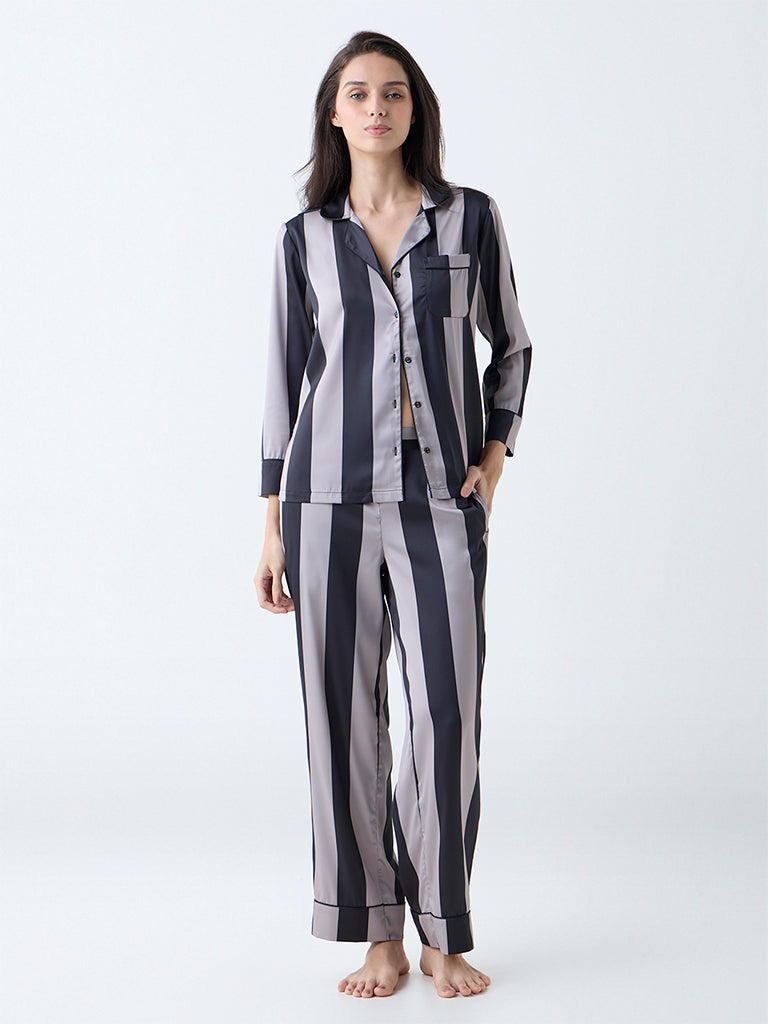 Wunderlove Black Striped Satin Shirt and Pyjamas Set