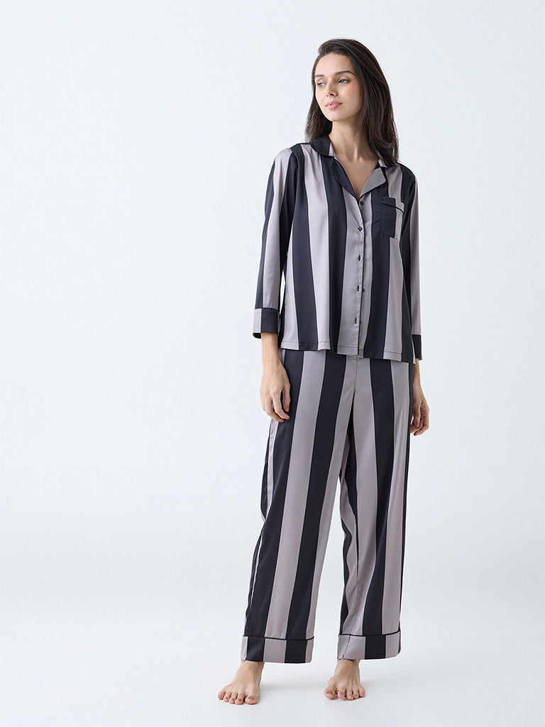 Wunderlove Black Striped Satin Shirt and Pyjamas Set