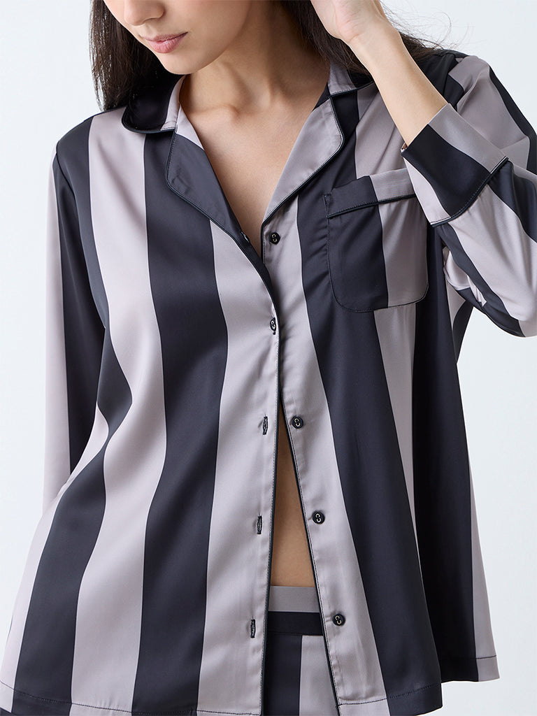 Wunderlove Black Striped Satin Shirt and Pyjamas Set