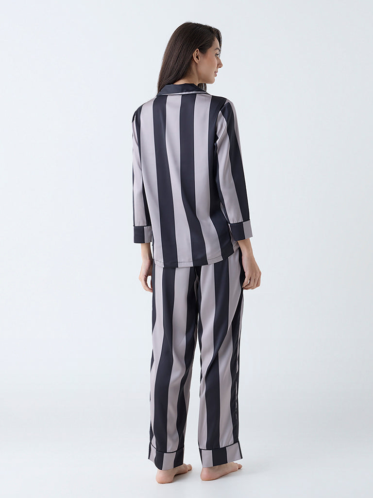 Wunderlove Black Striped Satin Shirt and Pyjamas Set