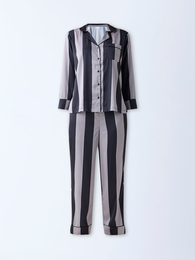 Wunderlove Black Striped Satin Shirt and Pyjamas Set