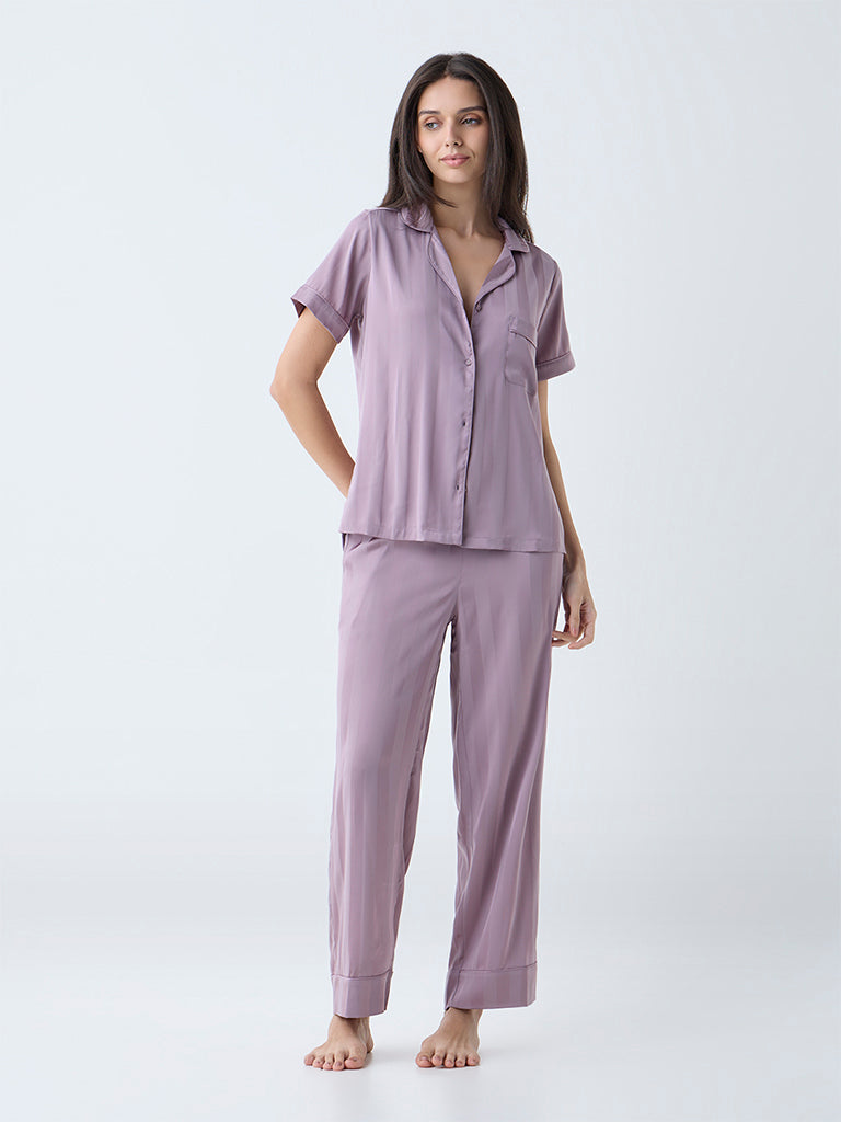 Wunderlove Mauve Self-Striped Satin Shirt and Pyjama Set