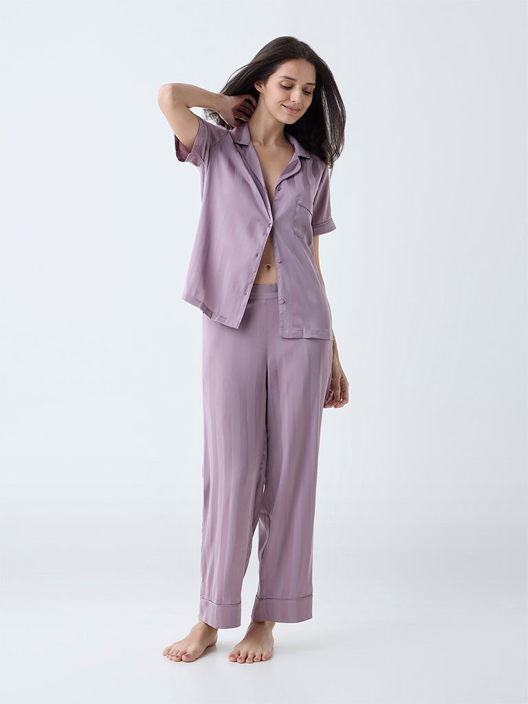 Wunderlove Mauve Self-Striped Satin Shirt and Pyjama Set