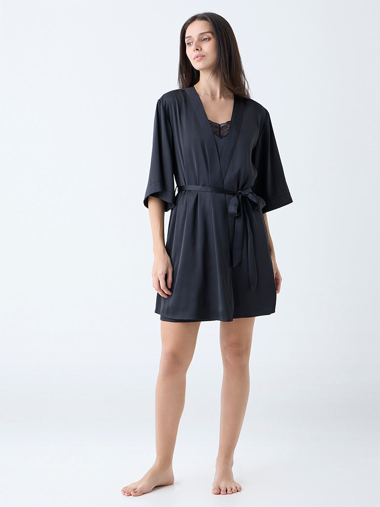 Wunderlove Black Solid Satin Robe with Belt