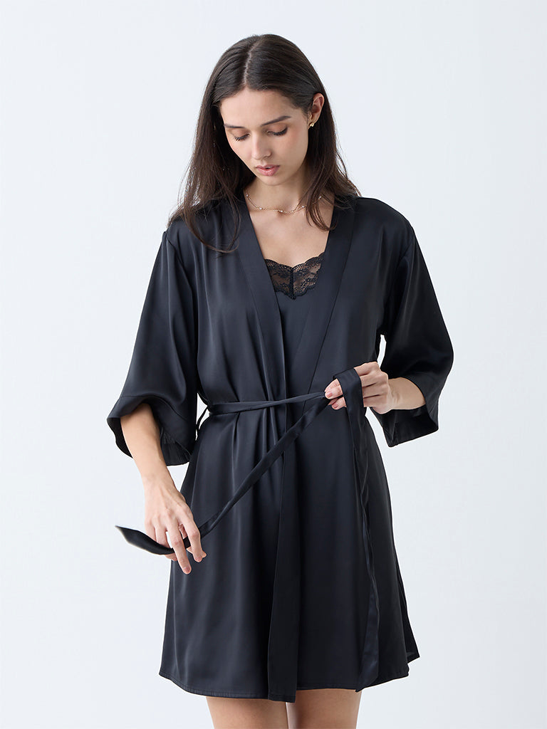 Wunderlove Black Solid Satin Robe with Belt