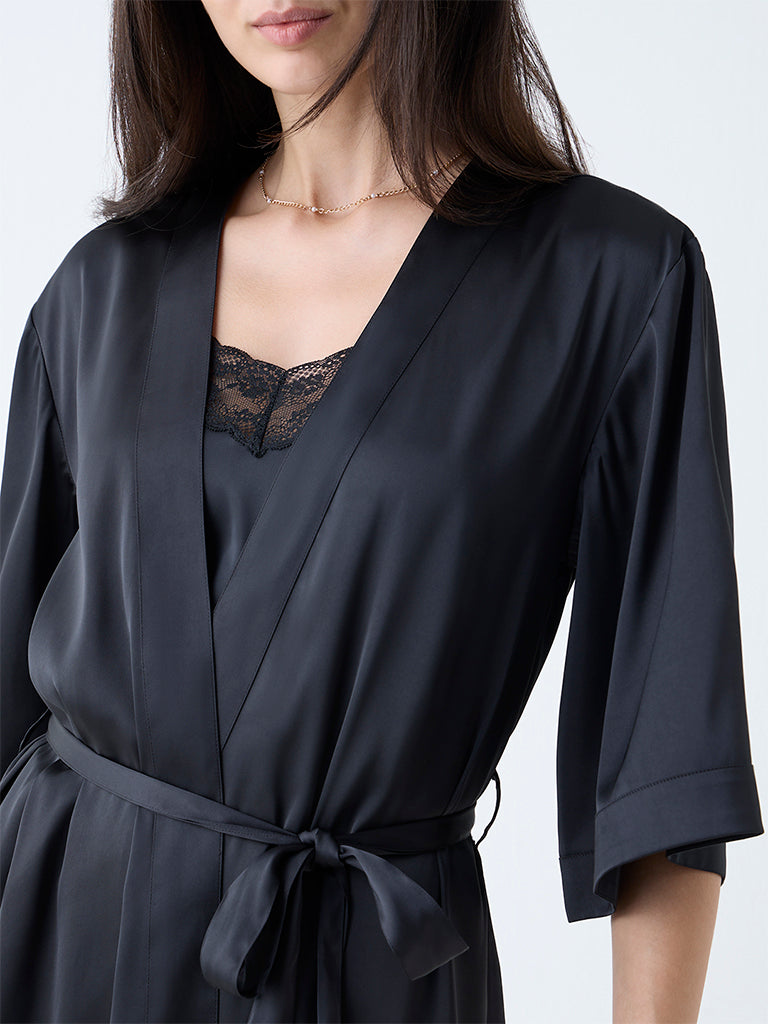 Wunderlove Black Solid Satin Robe with Belt