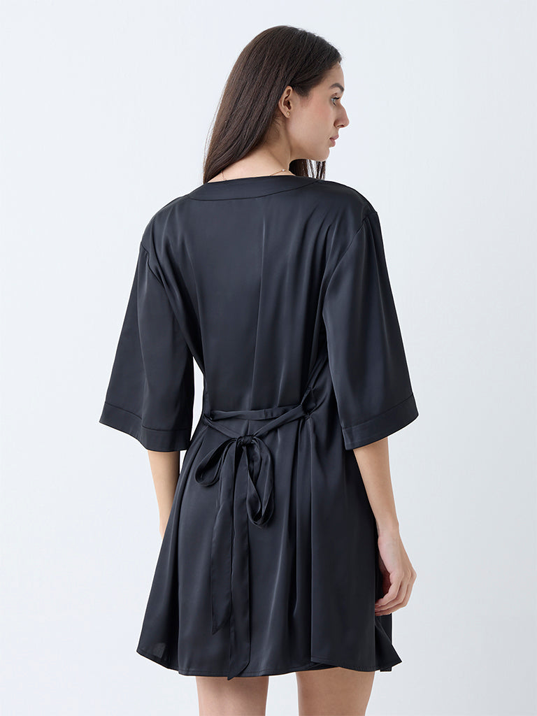 Wunderlove Black Solid Satin Robe with Belt