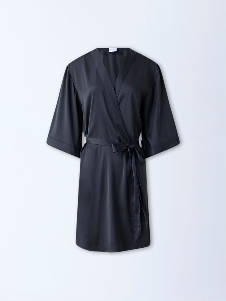 Wunderlove Black Solid Satin Robe with Belt