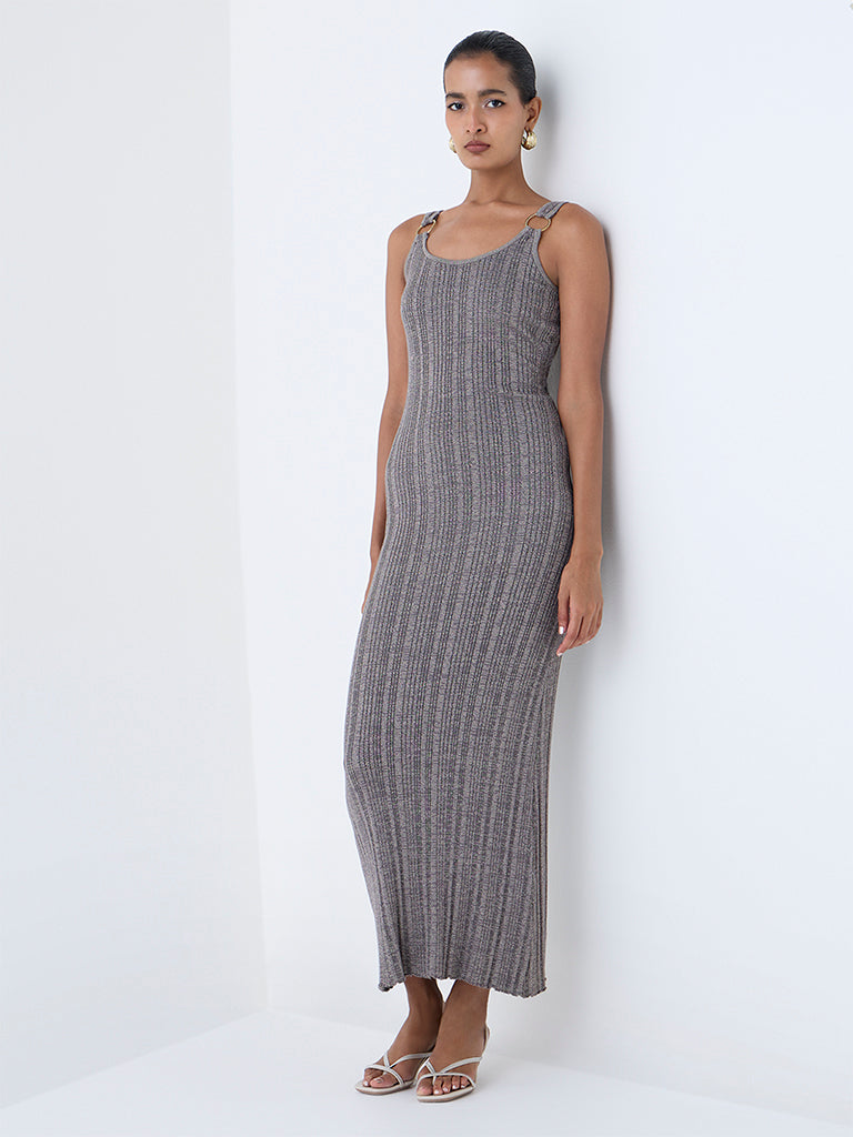 Wardrobe Silver Self-Striped Bodycon Maxi Dress