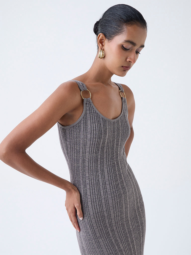 Wardrobe Silver Self-Striped Bodycon Maxi Dress