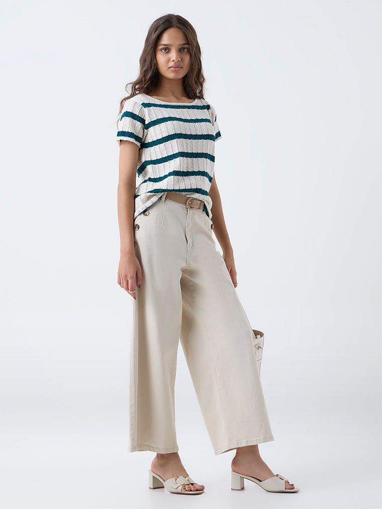 LOV Teal Striped Cotton-Blend Top
