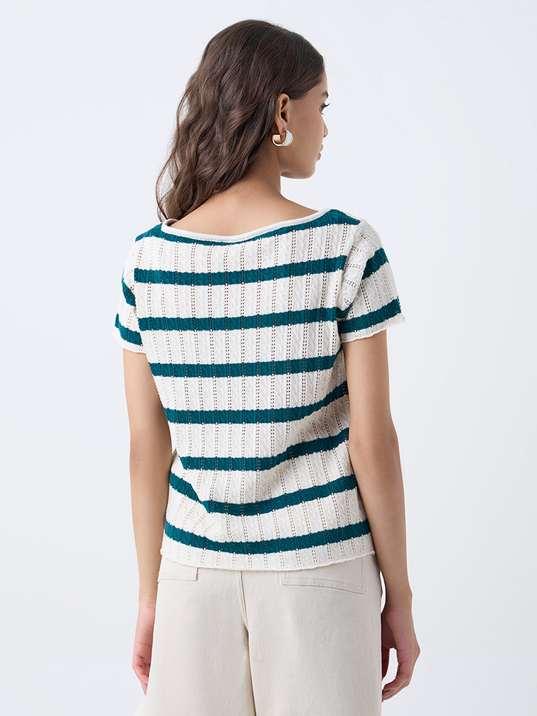 LOV Teal Striped Cotton-Blend Top