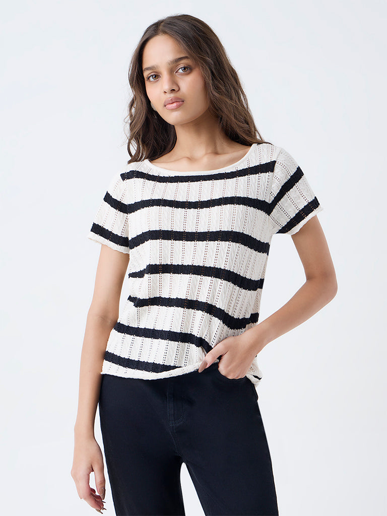 LOV Black Striped Cotton-Blend Top