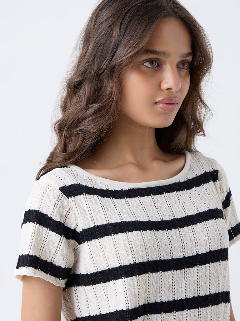 LOV Black Striped Cotton-Blend Top